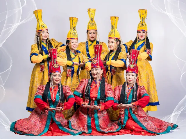 Mongolian dance ensemble in gold and red costumes